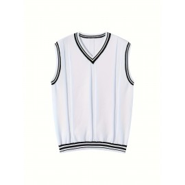 Men's V-neck Pullover Vest Cardigan, College Style Knitted Sleeveless Sweater