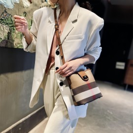 1pc Fashion Plaid Genuine Leather Bucket Bag for Women, Lightweight Shoulder Crossbody Bag with Adjustable Strap, Buckle Closure, Polyester Lined, Edge Paint Detail - Versatile for Casual and Occasion Use